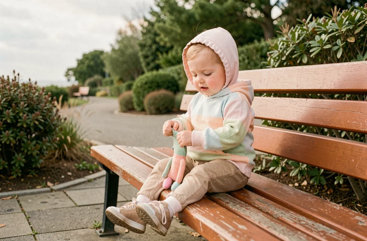 Tout-petit assis sur un banc en bois dans une zone calme du parc de La Panne, jouant avec un jouet en tissu