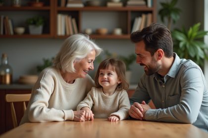 Famille de trois générations souriantes autour d'une table