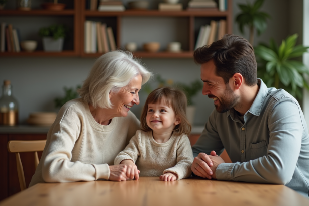 Famille de trois générations souriantes autour d'une table