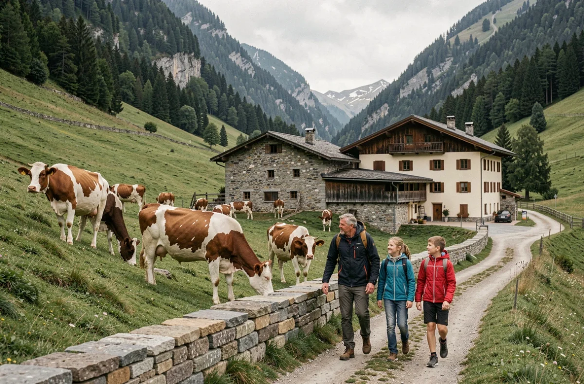 Famille en promenade dans la vallée d'Abondance avec des vaches et un chalet traditionnel en Haute-Savoie