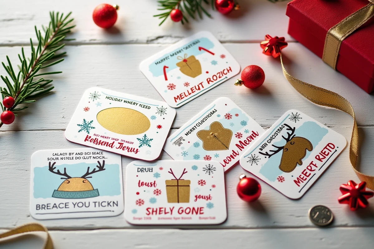 Vue de dessus de jeux à gratter personnalisés sur fond en bois blanc avec décorations de Noël festives et messages surprises révélés