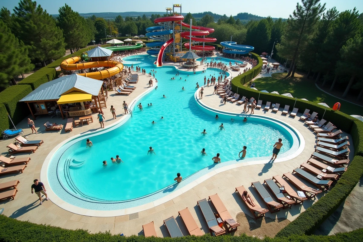 Vue panoramique du Touquet Parc Aquatique avec toboggans, piscines et espaces de détente