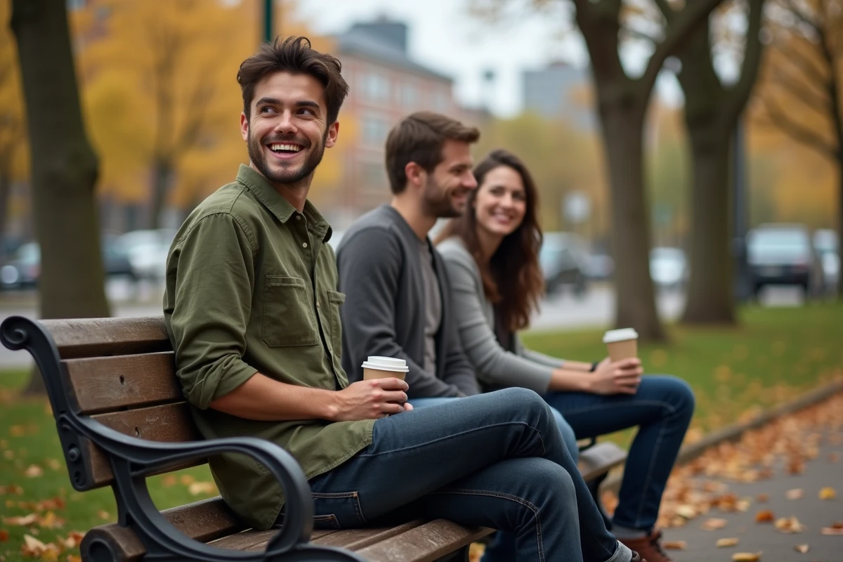 Yoann Usai riant avec des amis dans un parc urbain en automne, ambiance détendue et authentique