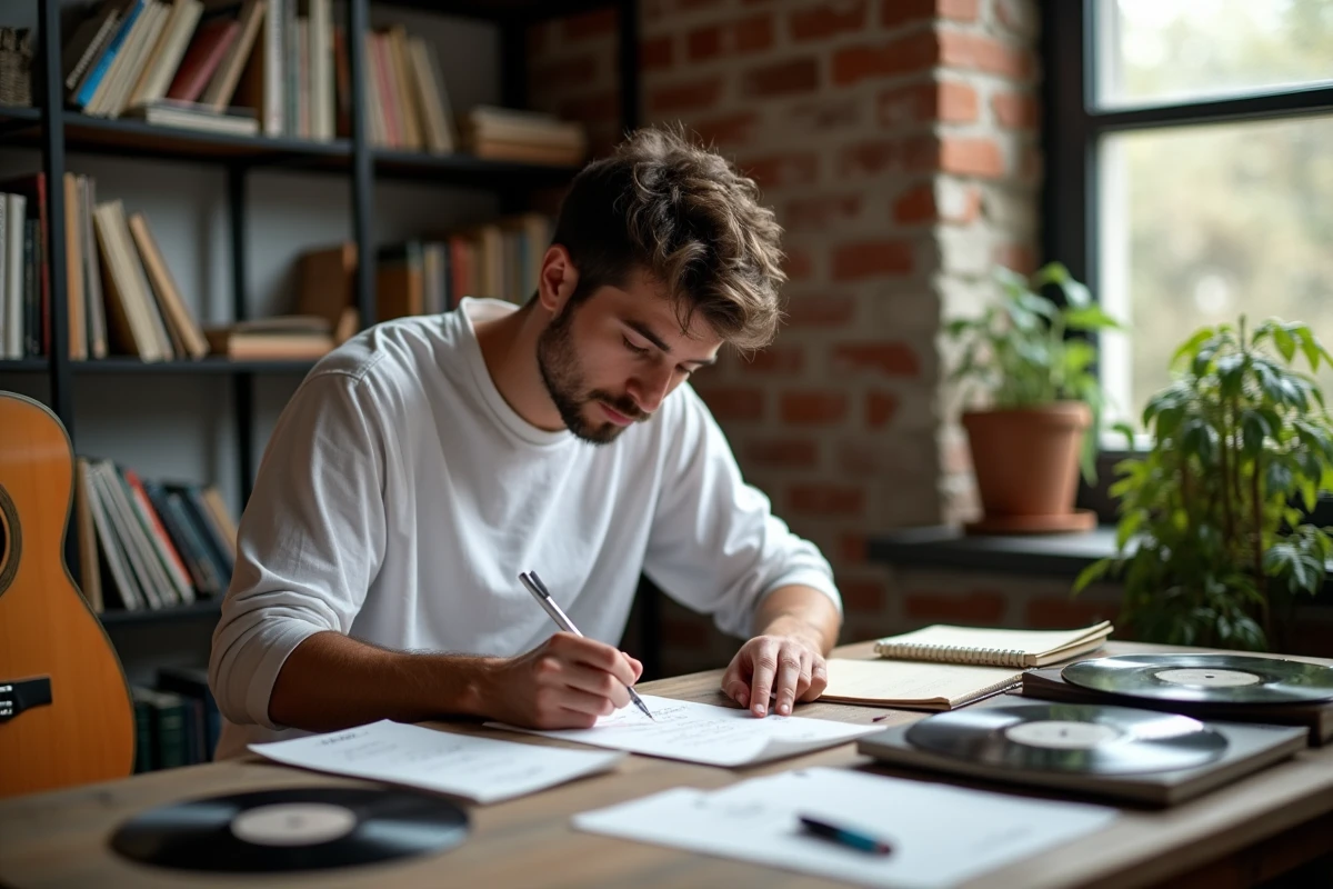 Yoann Usai plongé dans ses passions créatives à son bureau dans son appartement personnel