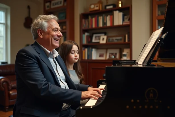 Yvan Cassar souriant au piano avec sa fille dans un salon chaleureux