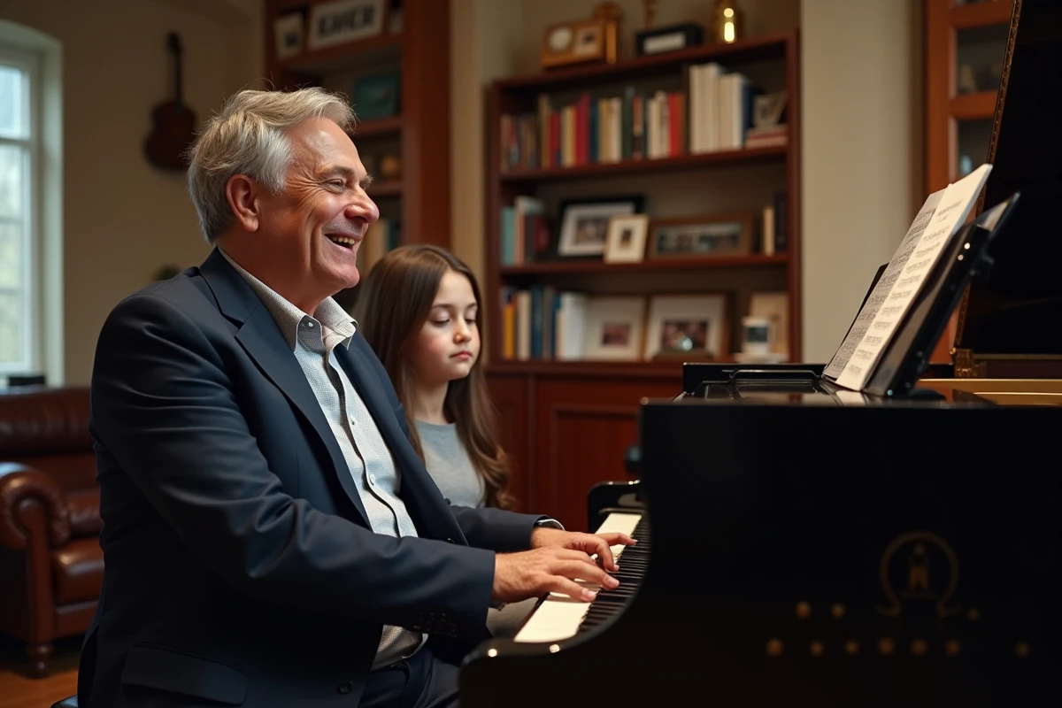 Yvan Cassar souriant au piano avec sa fille dans un salon chaleureux