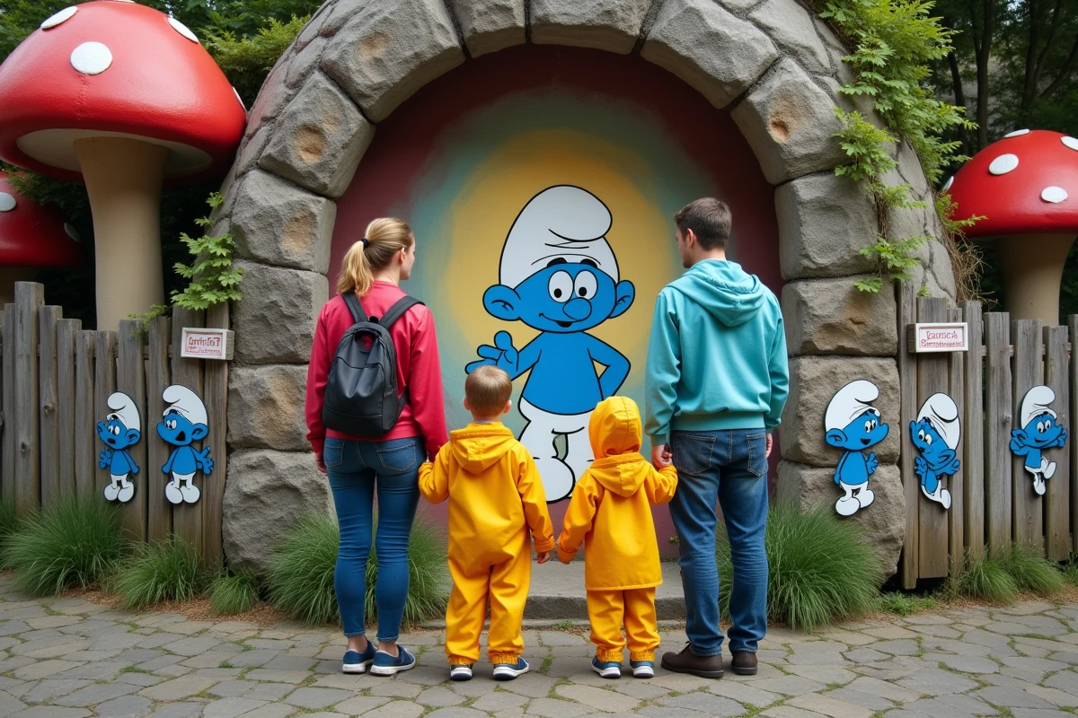 Zone thématique Schtroumpfs avec famille admirant une fresque murale dans le parc lorrain Walygator